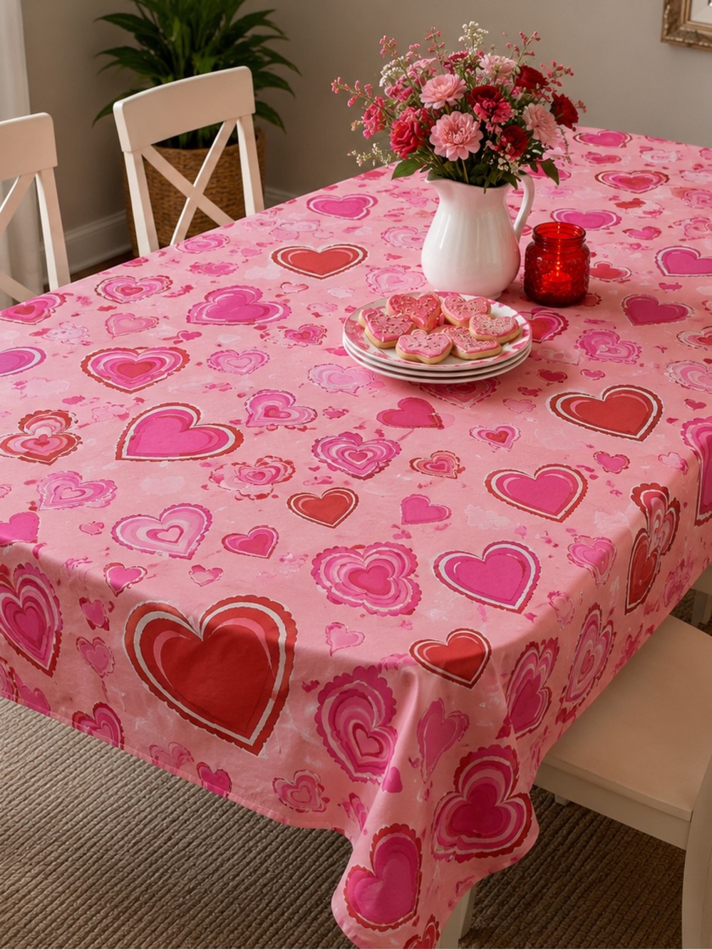 Celebrate Together Valentine Hearts Vinyl Tablecloth 52x70 Oblong Pink Red NWT